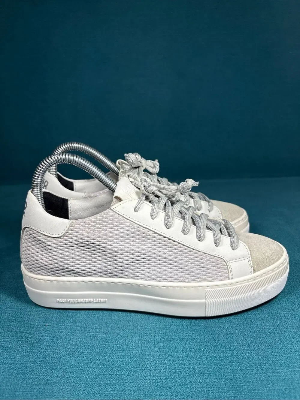 P448 Womens Size 37 EU US 7 White Woven Leather Low Top Platform Sneakers Italy